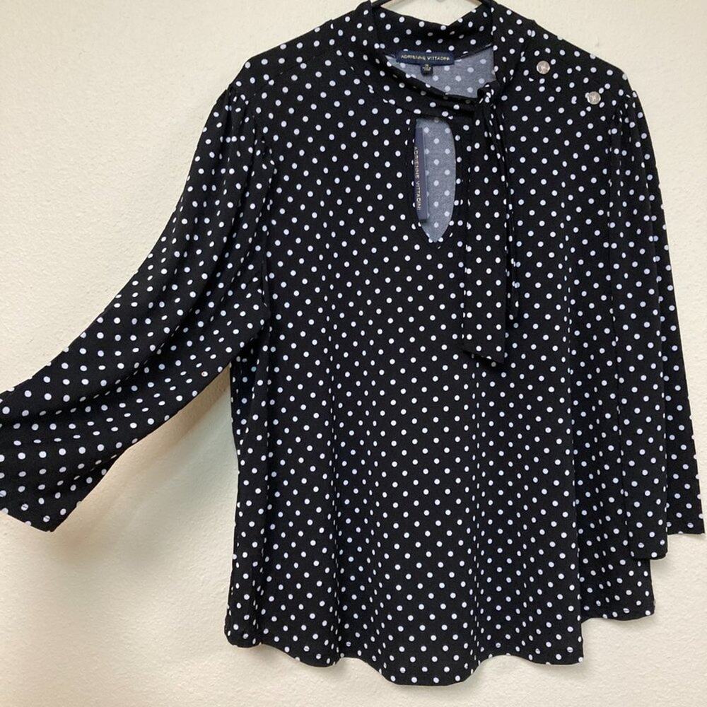 Adrienne Vittadini Womens Blouse Shirt 2X Black & White Polka Dot 3/4 Sleeves
